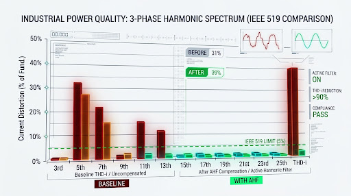 Biểu đồ phân tích phổ sóng hài 3 pha so sánh trước sau theo chuẩn IEEE 519