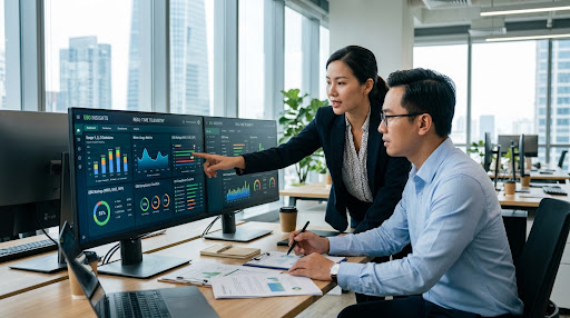 Chuyên gia BKET phân tích dữ liệu trên bảng điều khiển số hóa ESG Telemetry và Energy Management System giám sát thời gian thực