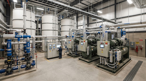 Industrial HVAC chiller plant room with thermal energy storage TES water tanks