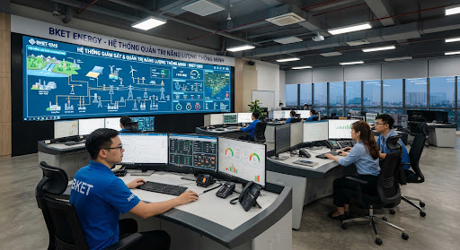 Phòng vận hành năng lượng với kỹ sư giám sát dashboard SCADA thời gian thực